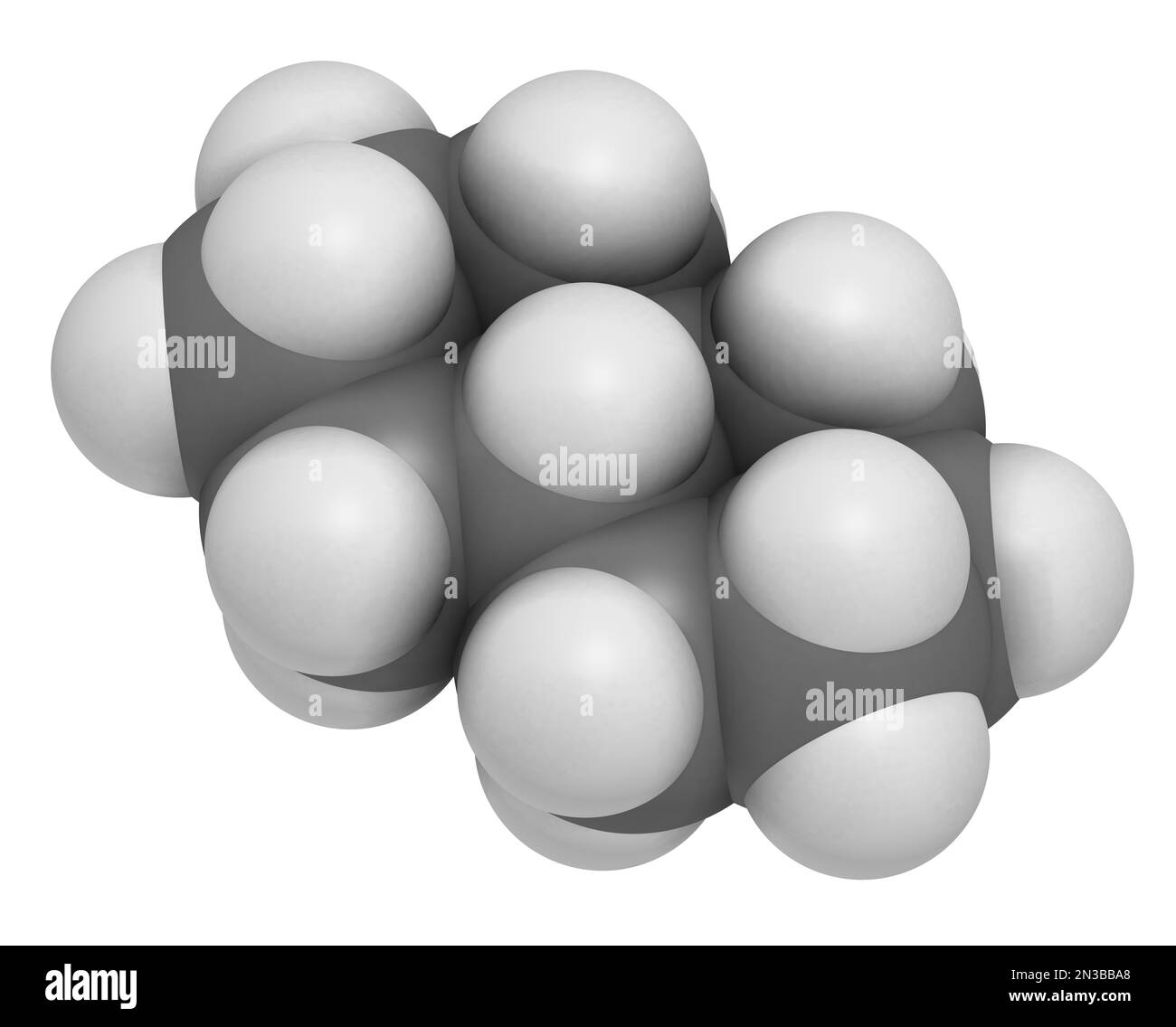 Molécule de solvant de décaline. 3D rendu. Les atomes sont représentés sous forme de sphères avec un codage couleur conventionnel : hydrogène (blanc), carbone (gris). Banque D'Images