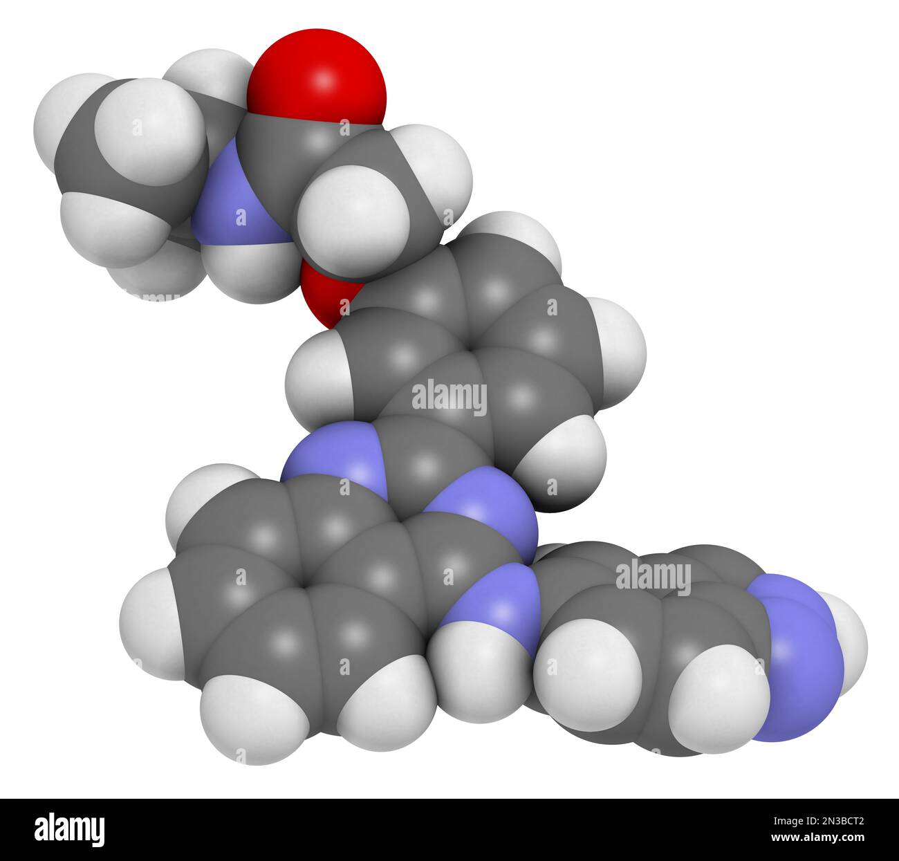 Molécule de médicament de Belumosudil. 3D rendu. Les atomes sont représentés sous forme de sphères avec un codage couleur conventionnel : hydrogène (blanc), carbone (gris), azote (b Banque D'Images