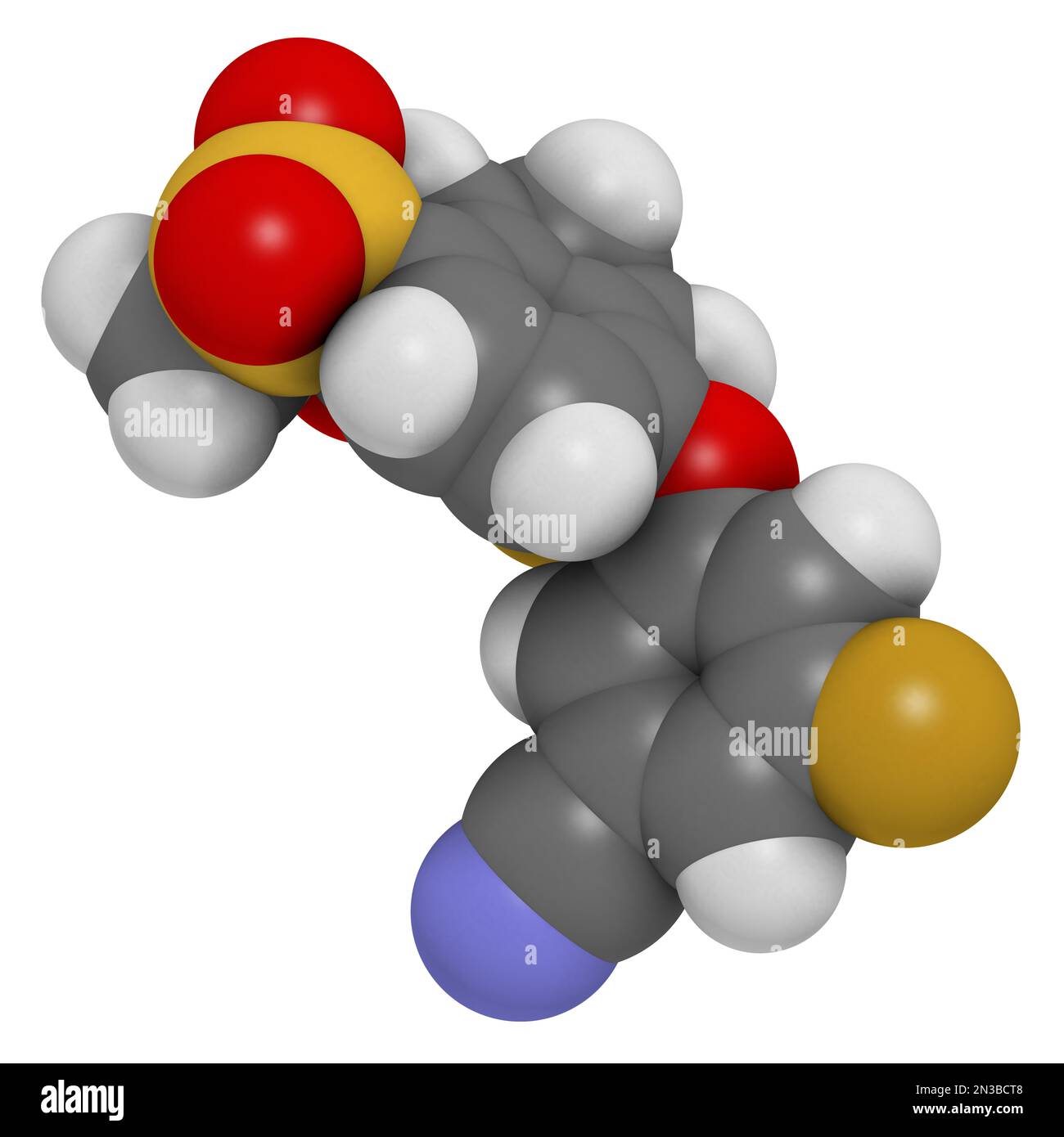 Molécule de médicament Belzutifan. 3D rendu. Les atomes sont représentés sous forme de sphères avec un codage couleur conventionnel : hydrogène (blanc), carbone (gris), soufre (jaune) Banque D'Images
