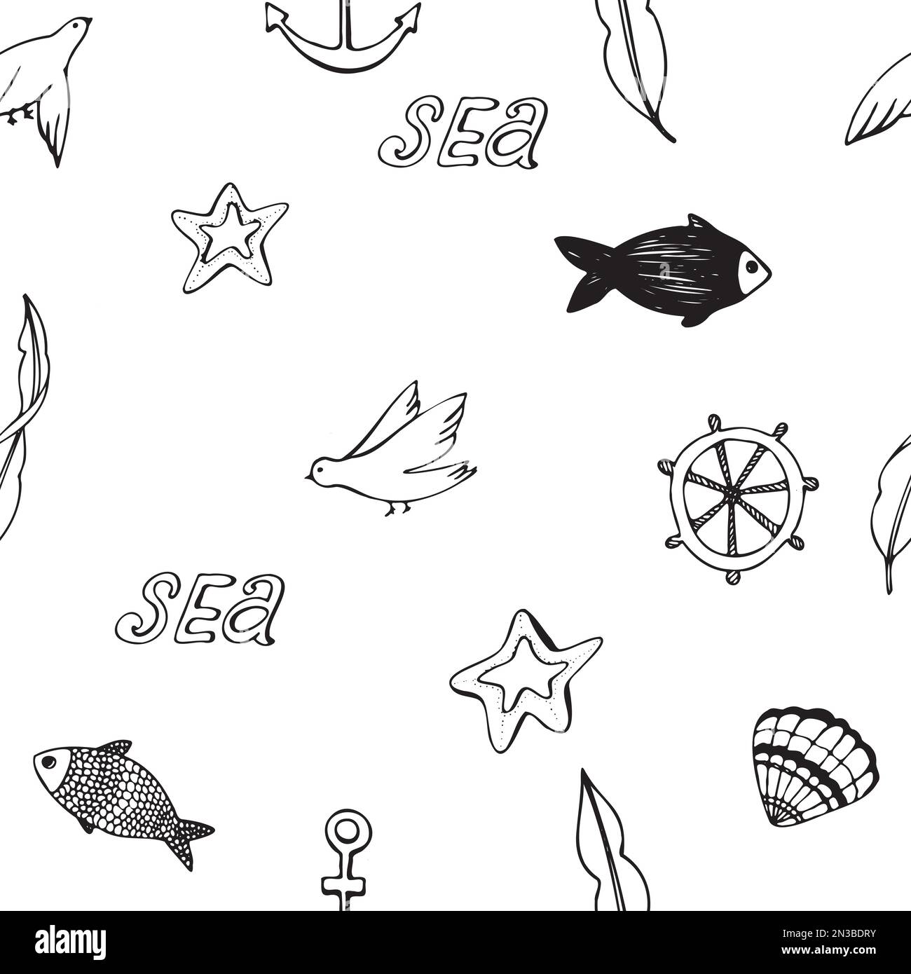 Motif sans couture avec éléments nautiques. Ensemble d'illustrations vectorielles du monde sous-marin dans un style doodle. Illustration de Vecteur