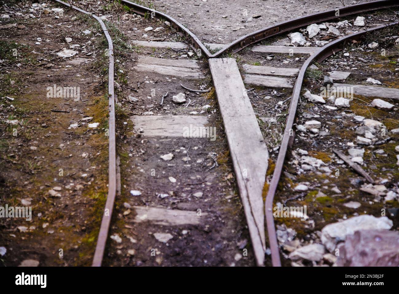 Gros plan sur de vieilles voies ferrées menant à un tunnel minier abandonné dans les montagnes près de Nabesna ; Alaska (États-Unis d'Amérique) Banque D'Images