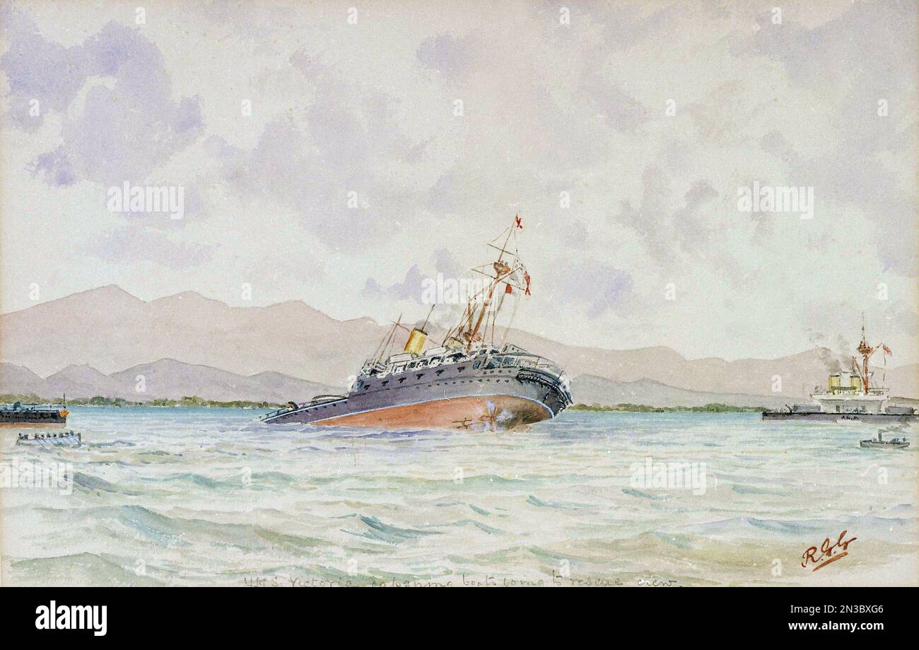 HMS Victoria, chavirement de bateaux à l'équipage de sauvetage, 1893. Le navire de guerre HMS Victoria, le navire amiral de la flotte méditerranéenne de la Marine royale, est entré en collision avec le HMS Camperdown lors de manoeuvres de la flotte dans la Méditerranée orientale. Banque D'Images