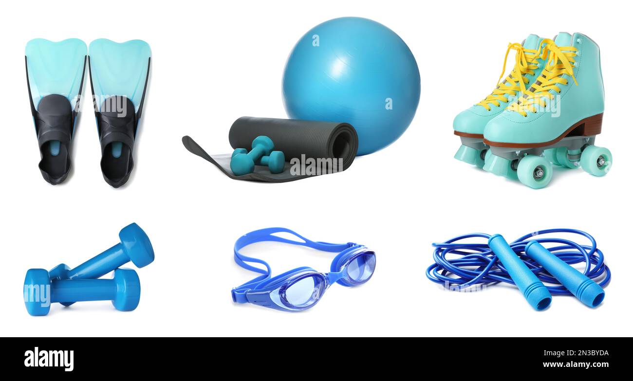 Ensemble d'équipements de sport différents sur fond blanc. Bannière Banque D'Images