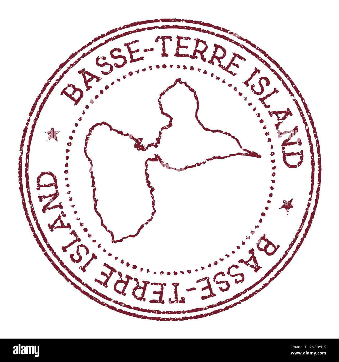 Timbre rond en caoutchouc de l'île de Basse-Terre avec carte de l'île. Timbre passeport rouge vintage avec texte circulaire et étoiles, illustration vectorielle. Illustration de Vecteur