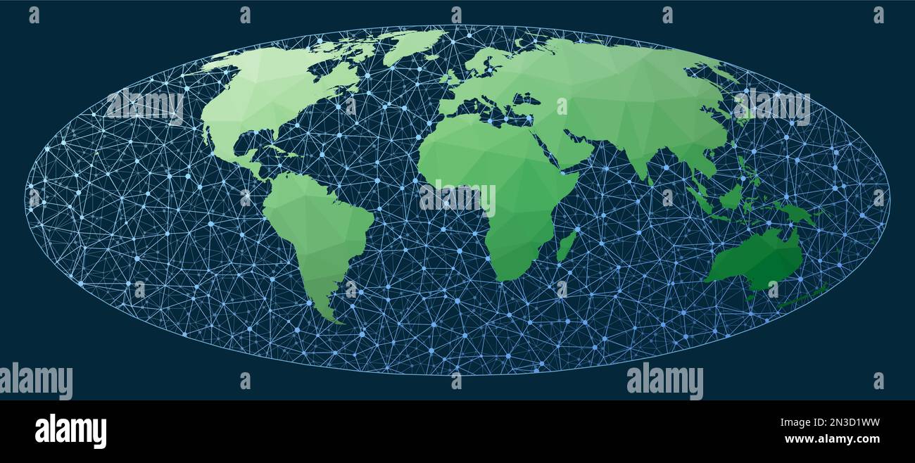 Carte des communications du monde. Projection Bromley. Carte du monde low poly verte avec fond de réseau. Illustration de Vecteur