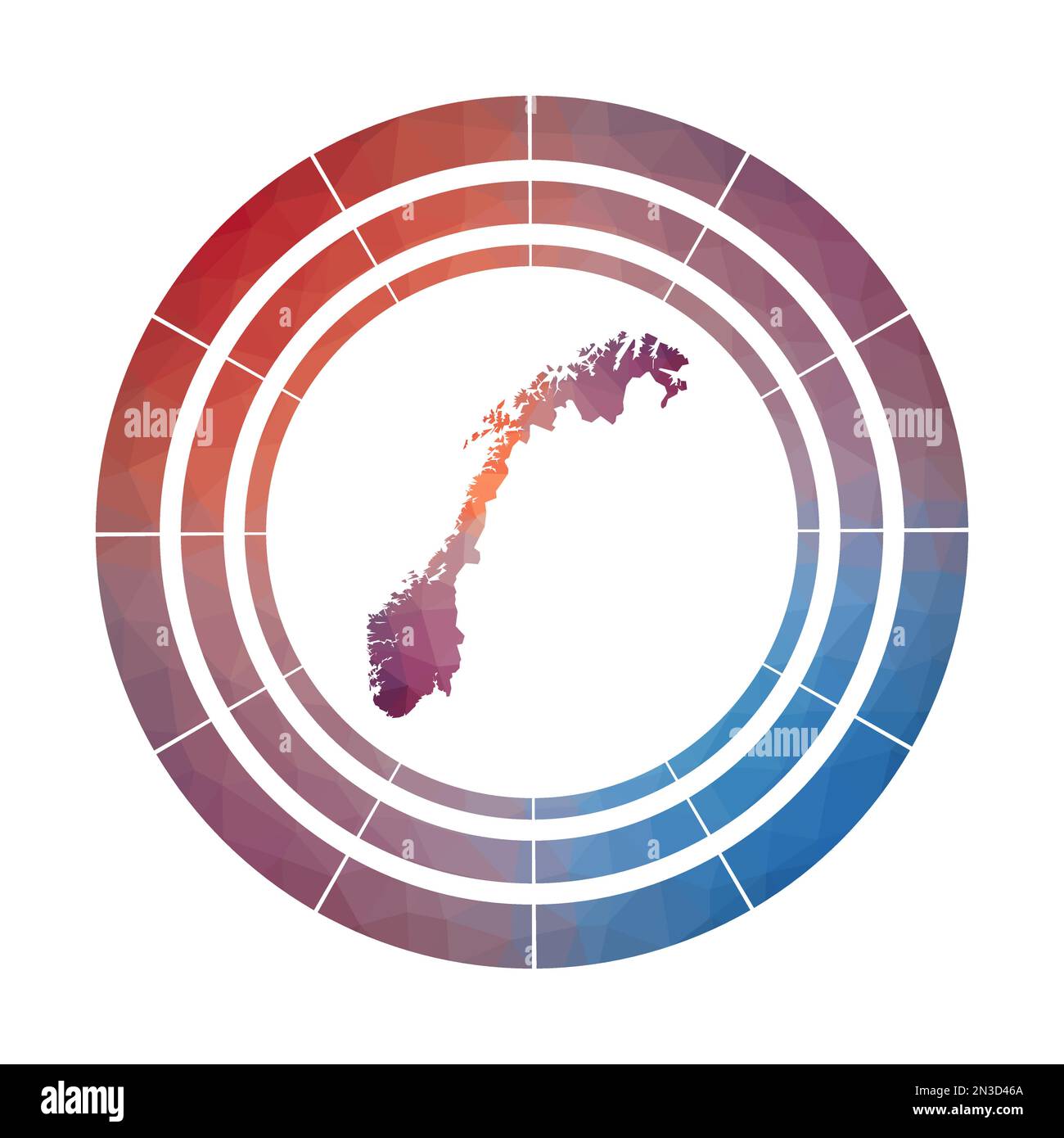 Badge Norvège. Logo de la campagne en dégradé de couleurs dans un style poly bas. Norvège multicolore signe arrondi avec carte dans le style géométrique pour vos infographies. Illustration de Vecteur