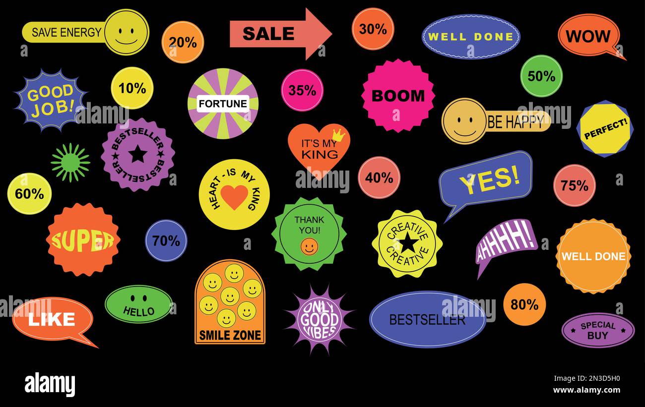 Grand ensemble abstrait acide pop art moderne lot d'autocollants forme. Illustration de Vecteur