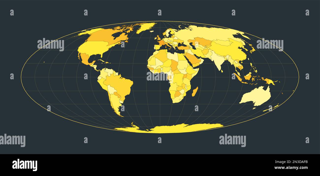 Carte du monde. Projection Bromley. Illustration futuriste pour votre infographie. Couleurs de campagne jaune vif. Illustration vectorielle élégante. Illustration de Vecteur