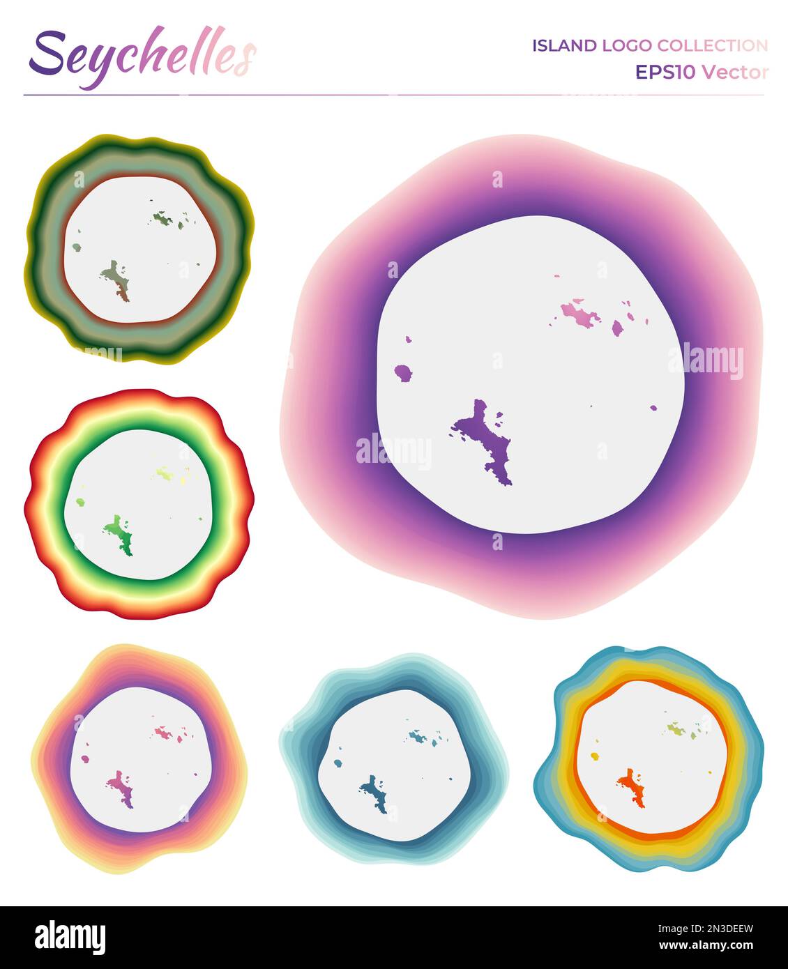 Collection de logos des Seychelles. Badge coloré de l'île. Couches autour de la forme de la bordure des Seychelles. Illustration vectorielle. Illustration de Vecteur