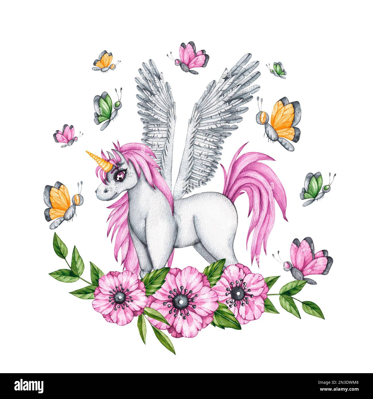 licorne aquarelle avec fleurs et papillons sur fond blanc pour la conception de produits pour enfants. Pegasus avec cheveux roses pour cartes, tissus Banque D'Images