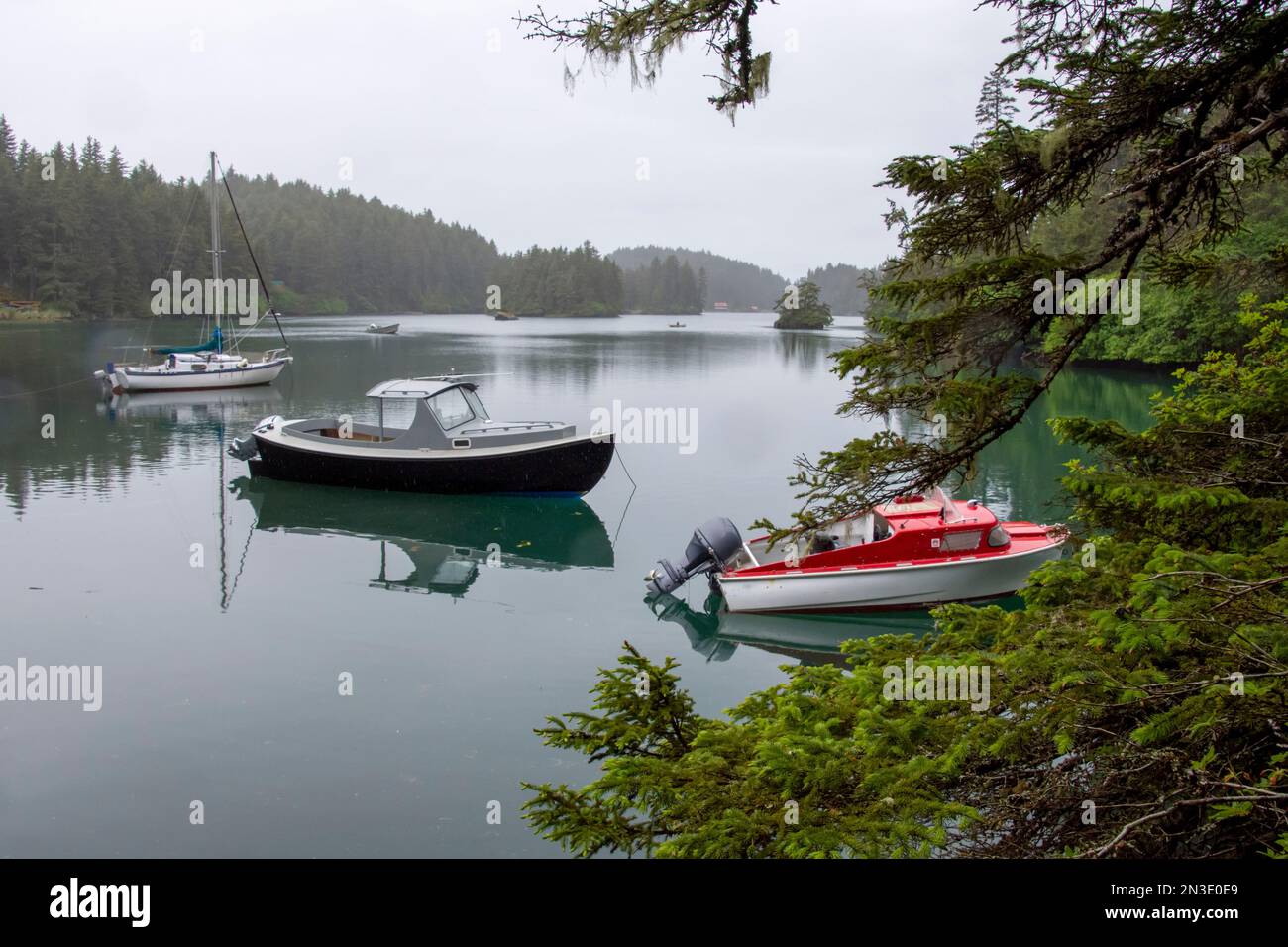 Les bateaux sont amarrés dans la baie Little Tutka, en face d'Homère, par temps nuageux ; Homère, Alaska, États-Unis d'Amérique Banque D'Images