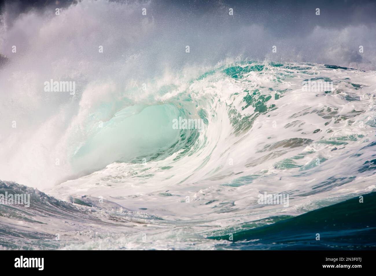 Grand surf hivernal avec l'écume de l'océan et la pulvérisation des vagues se brisant sur la rive nord d'Oahu à Waimea un grand jour Banque D'Images