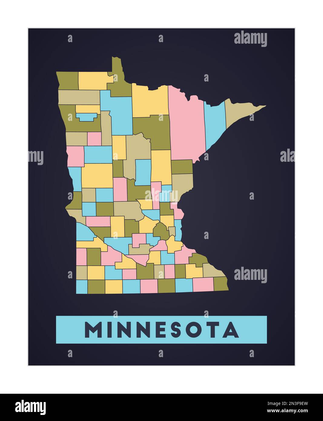 Carte du Minnesota. Affiche d'état DES ÉTATS-UNIS avec les régions. Forme du Minnesota avec le nom de l'état américain. Illustration vectorielle attrayante. Illustration de Vecteur