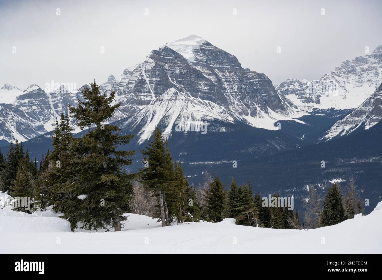 Vue sur les montagnes Rocheuses depuis une piste de ski dans une station de ski dans le parc national Banff, Alberta, Canada ; Improvement District No. 9, Alberta, Canada Banque D'Images