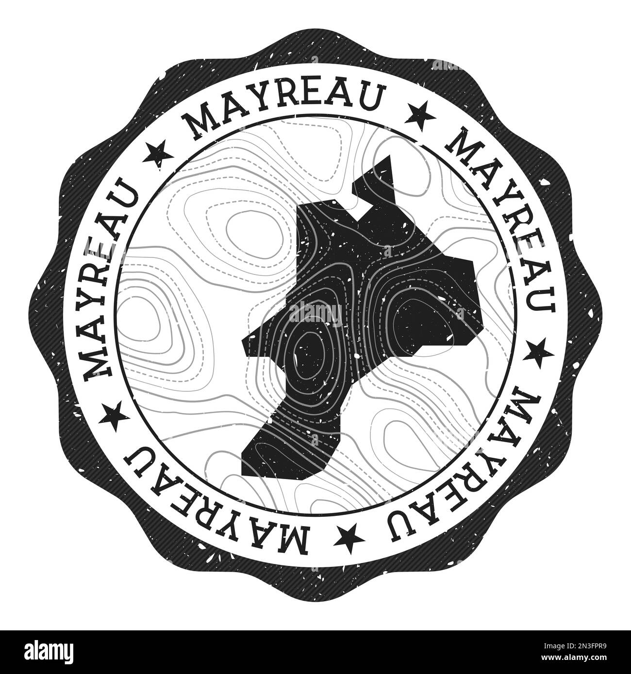 Timbre extérieur Mayreau. Autocollant rond avec carte de l'île avec isolignes topographiques. Illustration vectorielle. Peut être utilisé comme insigne, logotype, étiquette, cist Illustration de Vecteur