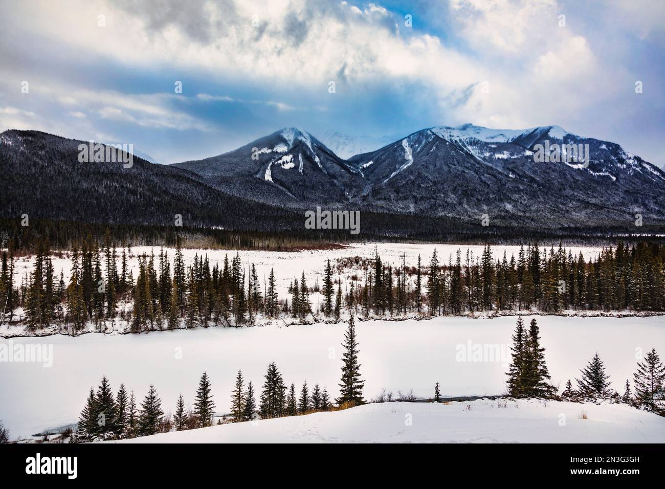 Vue des montagnes Rocheuses canadiennes en hiver dans le parc national Banff ; Alberta, Canada Banque D'Images
