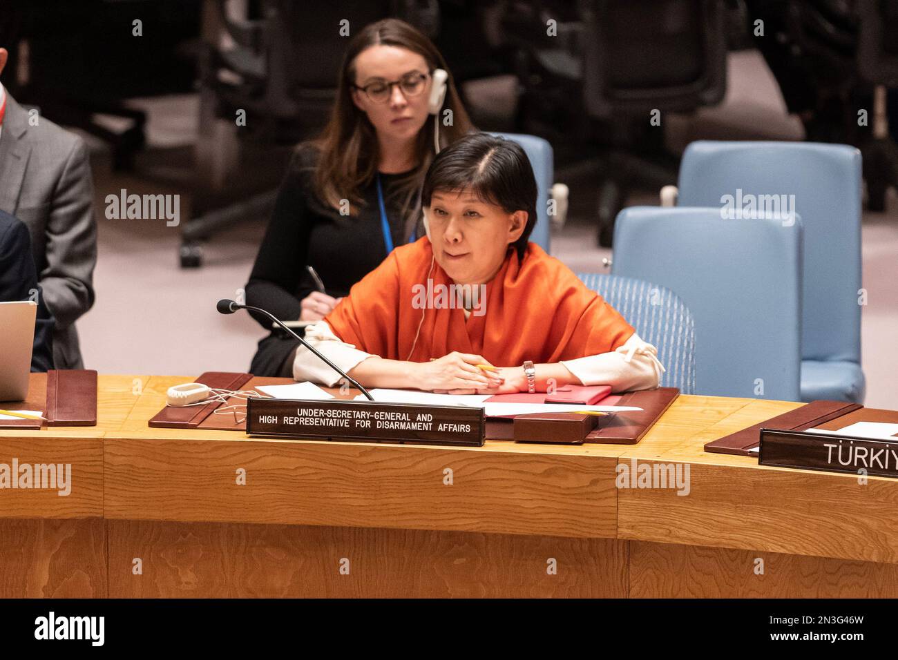 Izumi Nakamitsu, Haut Représentant pour les affaires de désarmement, assiste à la réunion du Conseil de sécurité sur la situation au Moyen-Orient (Syrie) au siège de l'ONU. Le Conseil de sécurité a entendu le rapport de Fernando Arias, Directeur général de l'Organisation pour l'interdiction des armes chimiques (OIAC) et de Santiago Onate-Laborde, Coordonnateur de l'équipe d'enquête et d'identification de l'OIAC (IIT) ainsi que d'Izumi Nakamitsu, Haut Représentant pour les affaires de désarmement sur l'utilisation des armes chimiques à Douma (Syrie) en 2018. (Photo de Lev Radin/Pacific Press) Banque D'Images