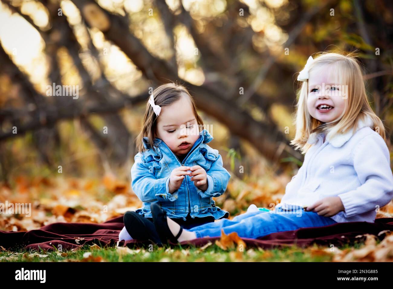 Deux jeunes sœurs, une avec le syndrome de Down, jouant ensemble dans un parc de la ville pendant la saison d'automne; St. Albert, Alberta, Canada Banque D'Images