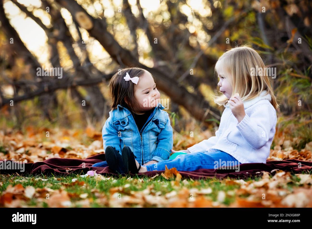 Deux jeunes sœurs, une avec le syndrome de Down, jouant ensemble dans un parc de la ville pendant la saison d'automne; St. Albert, Alberta, Canada Banque D'Images