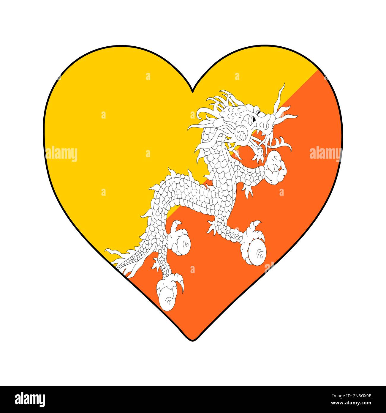 Drapeau de forme de coeur du Bhoutan. J'adore le Bhoutan. Visite du Bhoutan. Asie du Sud. Asie. Conception graphique d'illustration vectorielle. Illustration de Vecteur