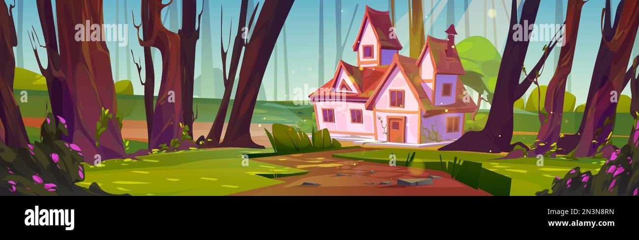Maison de dessin animé en forêt d'été. Illustration vectorielle d'une route en bois menant à un chalet confortable avec un toit rouge sur une verrière ensoleillée entourée de grands arbres, de buissons fleuris et d'herbe verte. Conception de fond de jeu Illustration de Vecteur