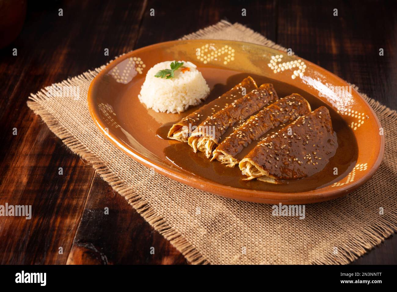 Enmoladas de poulet. Aussi connu sous le nom de mole poblano enchiladas, ils sont un plat mexicain typique qui est très populaire au Mexique et dans le reste du monde. Banque D'Images