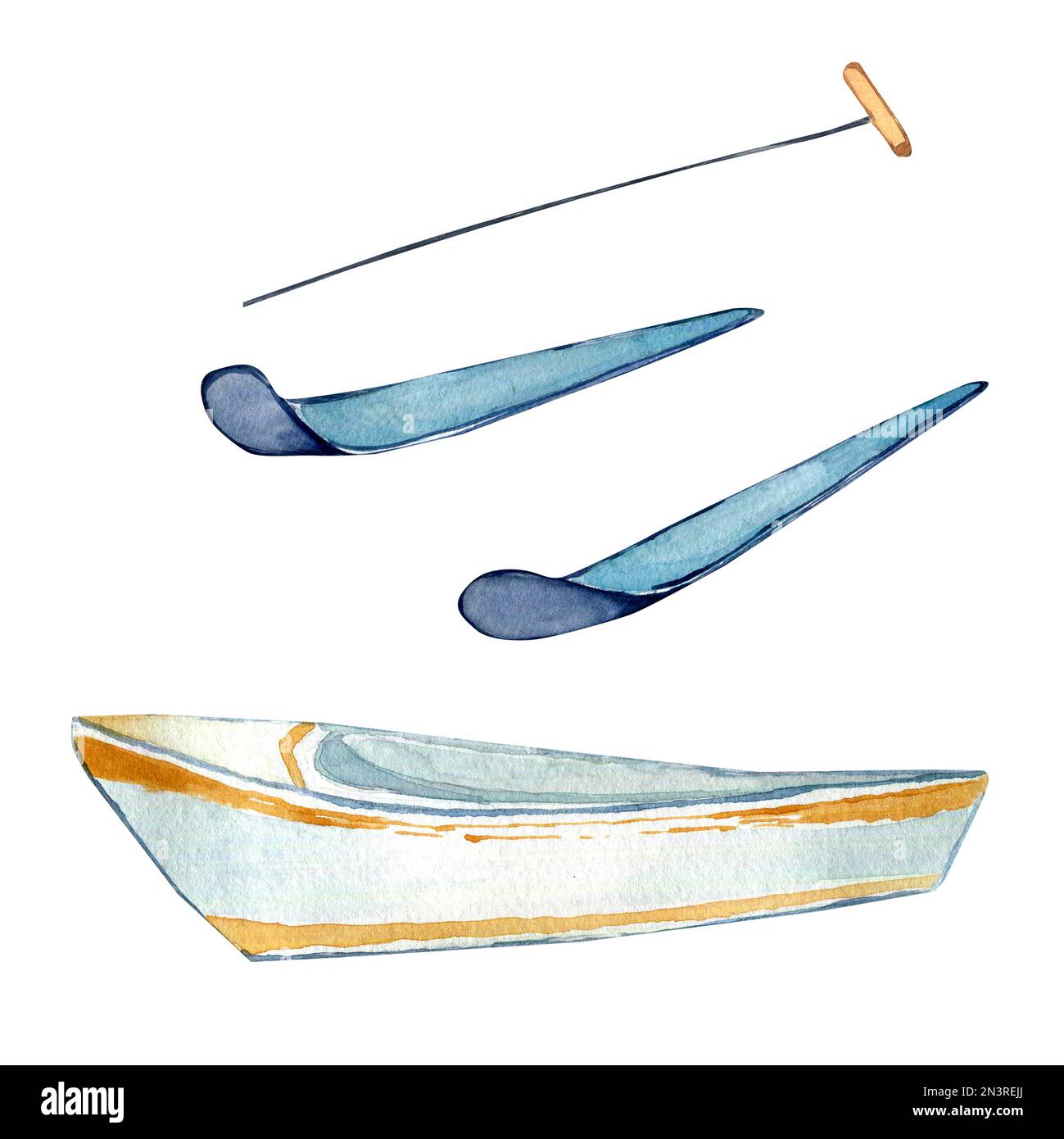 Dessin animé bateau de mer et ski nautique aquarelle illustration isolée sur fond blanc. Collection Elements pour l'Australie avec dessin à la main animaux mignons Banque D'Images