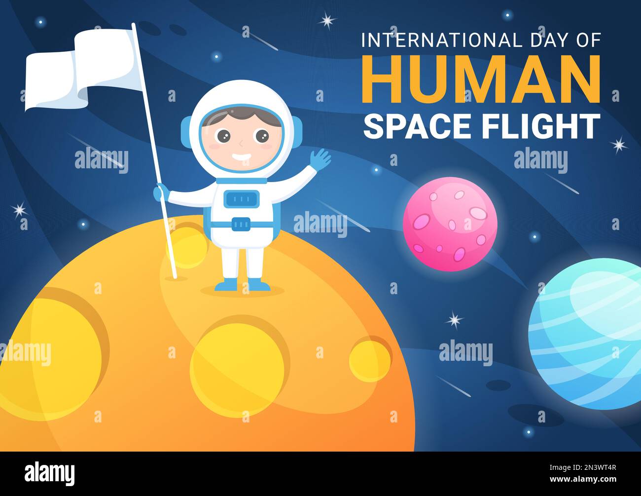 Journée internationale du vol spatial humain sur l'illustration 12 avril avec l'astronaute Rocket et Kids en dessin animé à la main pour les modèles de page d'arrivée Illustration de Vecteur