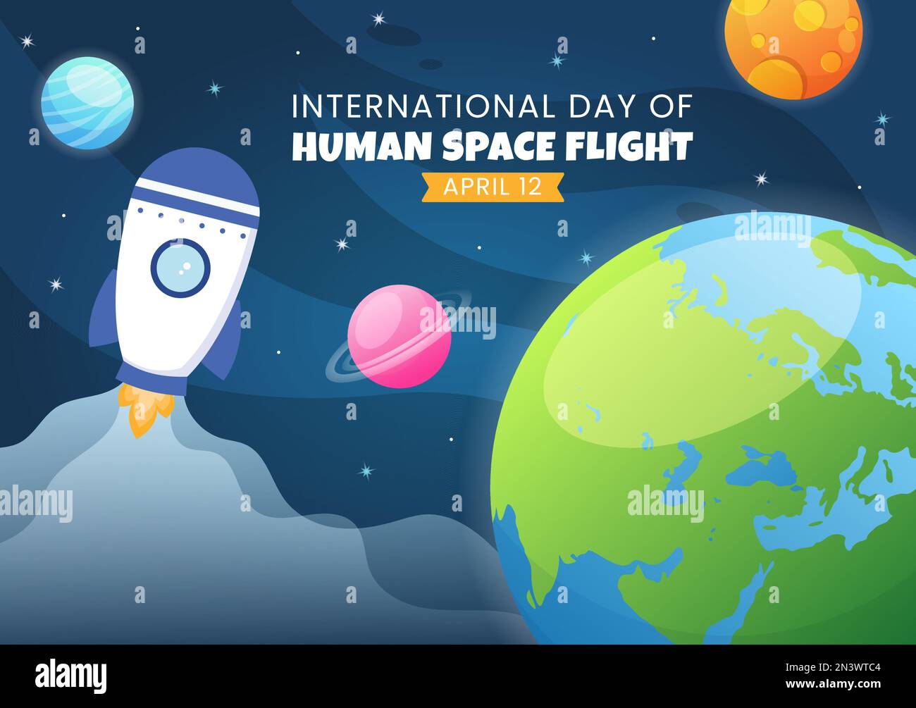 Journée internationale du vol spatial humain sur l'illustration 12 avril avec l'astronaute Rocket et Kids en dessin animé à la main pour les modèles de page d'arrivée Illustration de Vecteur