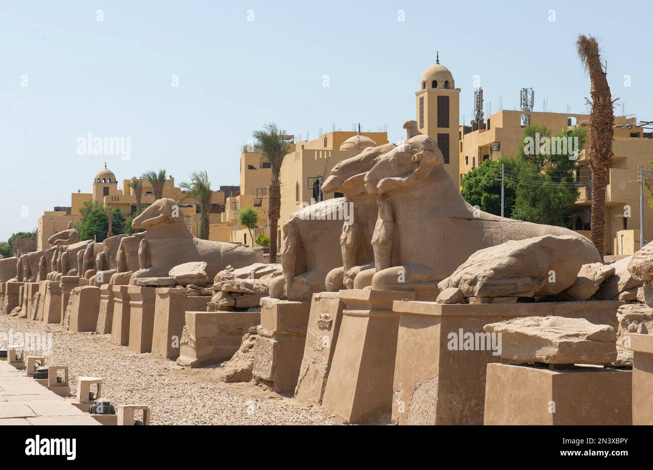 Grandes statues de sphinx à tête de bélier dans l'ancien temple égyptien Karnak en bas de l'avenue Banque D'Images