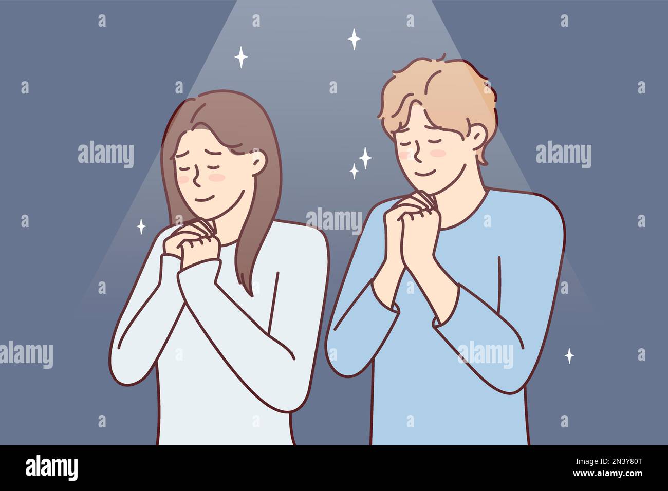 Homme positif et femme priant Dieu pour le mariage heureux. Les jeunes couples se tiennent avec les yeux fermés et clasping les paumes devant la poitrine ensemble effectue un rituel religieux Illustration de Vecteur