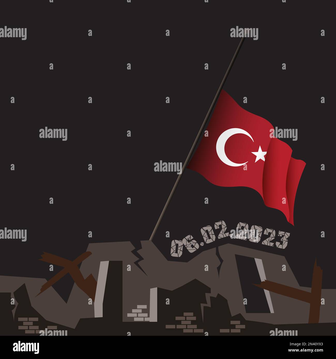 Séisme catastrophique dans le sud-est de la Turquie. Catastrophe naturelle à Kahramanmaras, Turkiye 06 février 2023. Bâtiment détruit le drapeau turc Banque D'Images Séisme catastrophique dans le sud-est de la Turquie. Catastrophe naturelle à Kahramanmaras, Turkiye 06 février 2023. Bâtiment détruit le drapeau turc Banque D'Images