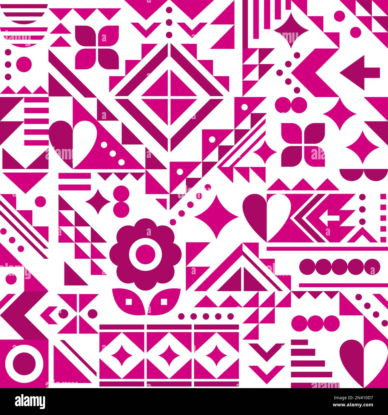 Motif vectoriel sans couture inspiré de Bauhaus avec coeurs, fleurs et formes géométriques rose sur blanc, motif abstrait moderne Illustration de Vecteur