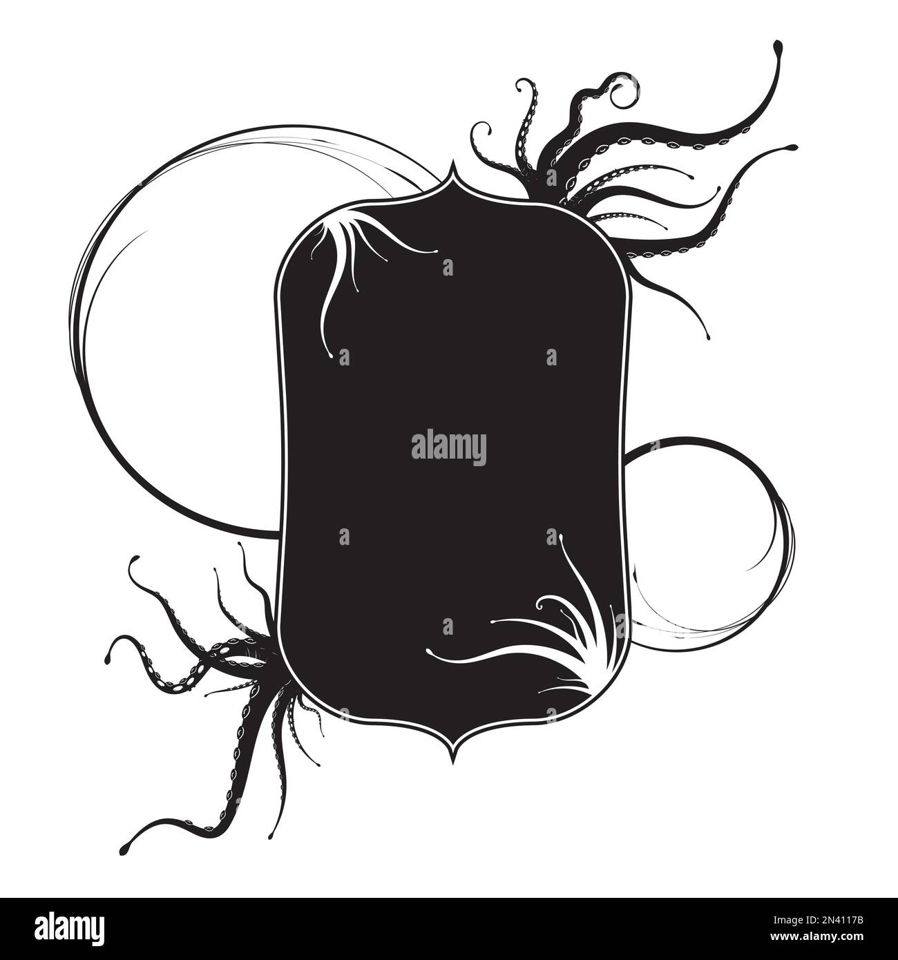 Motif étiquette avec monstre marin, tentacules de kraken ou de Cthulhu. Style mystique noir et blanc isolé sur fond blanc. Illustration vectorielle Illustration de Vecteur