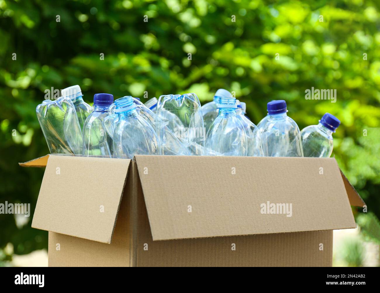 Boîte en carton avec bouteilles en plastique usagées à l'extérieur. Concept  de recyclage Photo Stock - Alamy