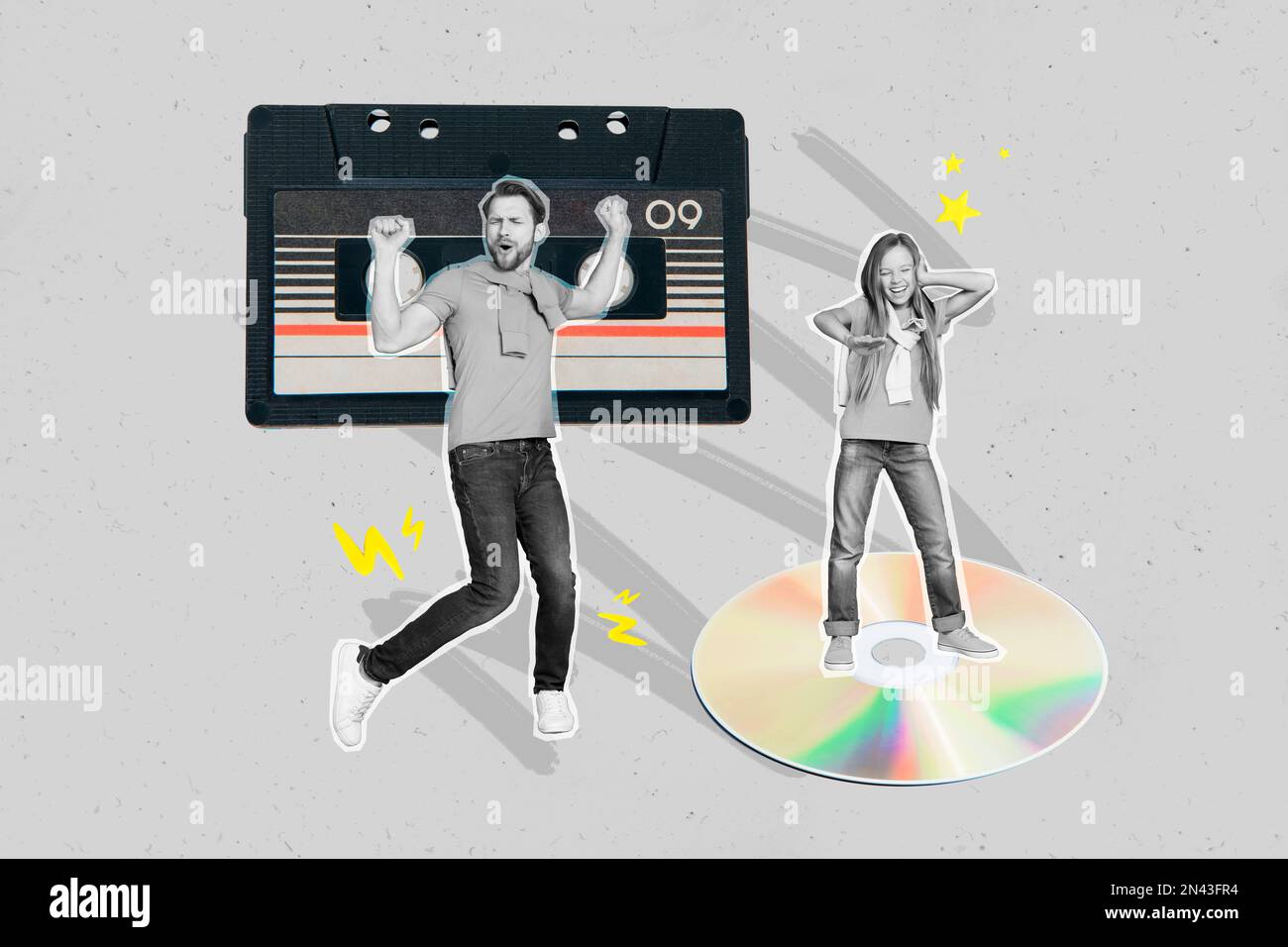 Art créatif photo collage de type insouciant dansant boogie woogie cassette record écouter musique adolescent cd fête isolé sur fond gris Banque D'Images
