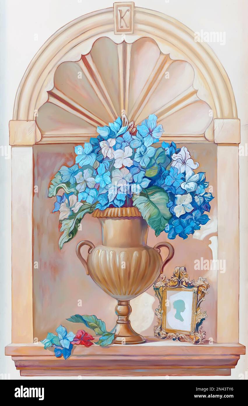 Belles fleurs décoratives dans le vase rue murale sur mur à Lviv Ukraine Banque D'Images