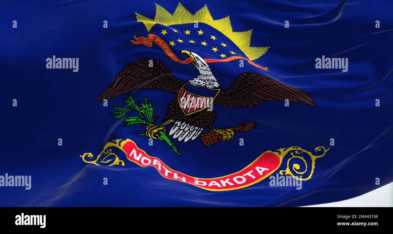Vue rapprochée du drapeau de l'État du Dakota du Nord. Le drapeau montre le sceau des troupes du contingent d'État sur fond bleu foncé de Philippine-Amerique Banque D'Images
