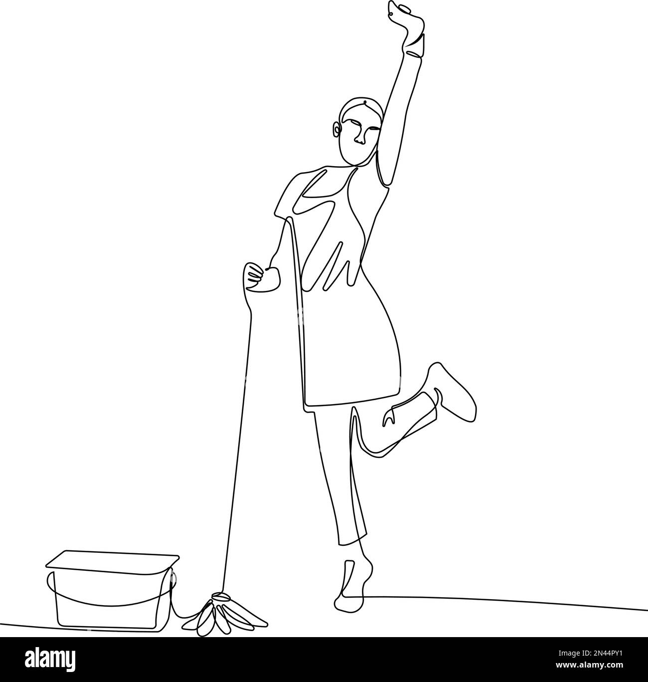 Gaie femme de ménage millénaire tenant le seau plein de fournitures de nettoyage à l'appartement moderne. Portrait de jeune femme gaie avec équipement sanitaire regardant l'appareil photo et souriant Illustration de Vecteur