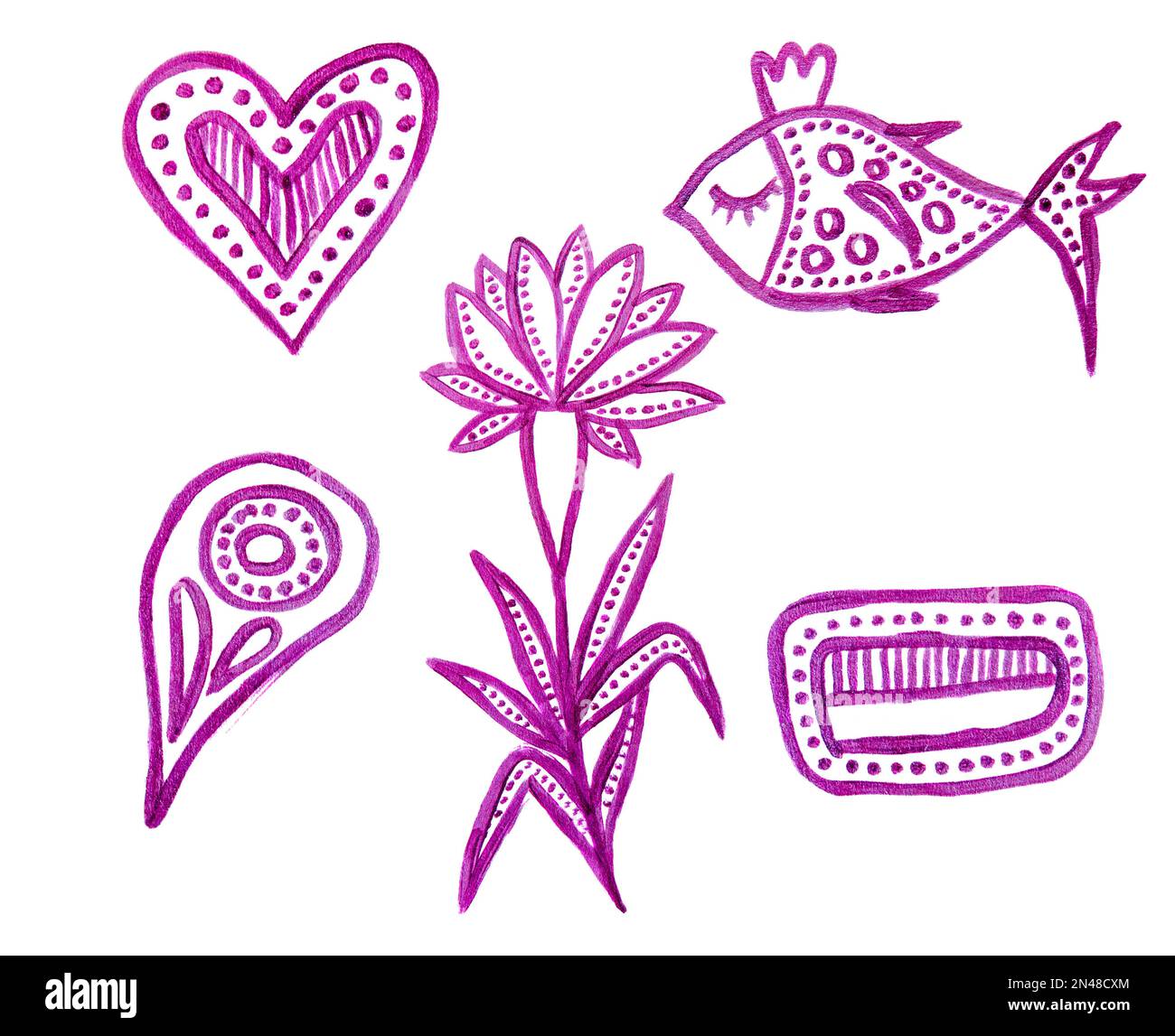 Ensemble de yoga boho dessiné à la main. Illustration ornementale. Éléments zentangle violets. Coeur, poisson, fleur, formes abstraites. Isolé sur blanc Banque D'Images