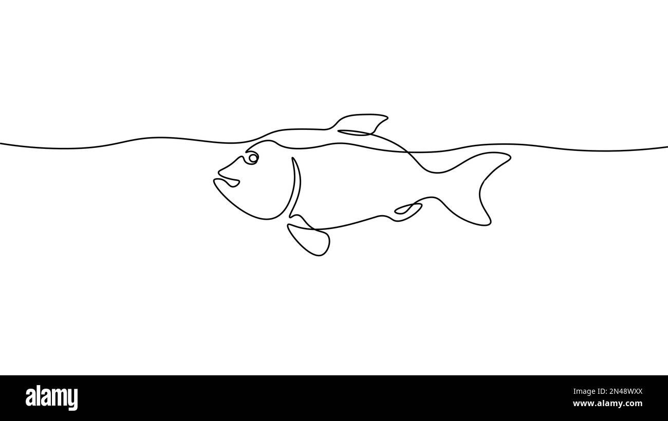 Concept de symbole de poisson de mer continu à une ligne. Silhouette saumon menu alimentaire ration icône de régime. Vitamine D simple blanche numérique, DHA, vitamine Omega-3 Illustration de Vecteur