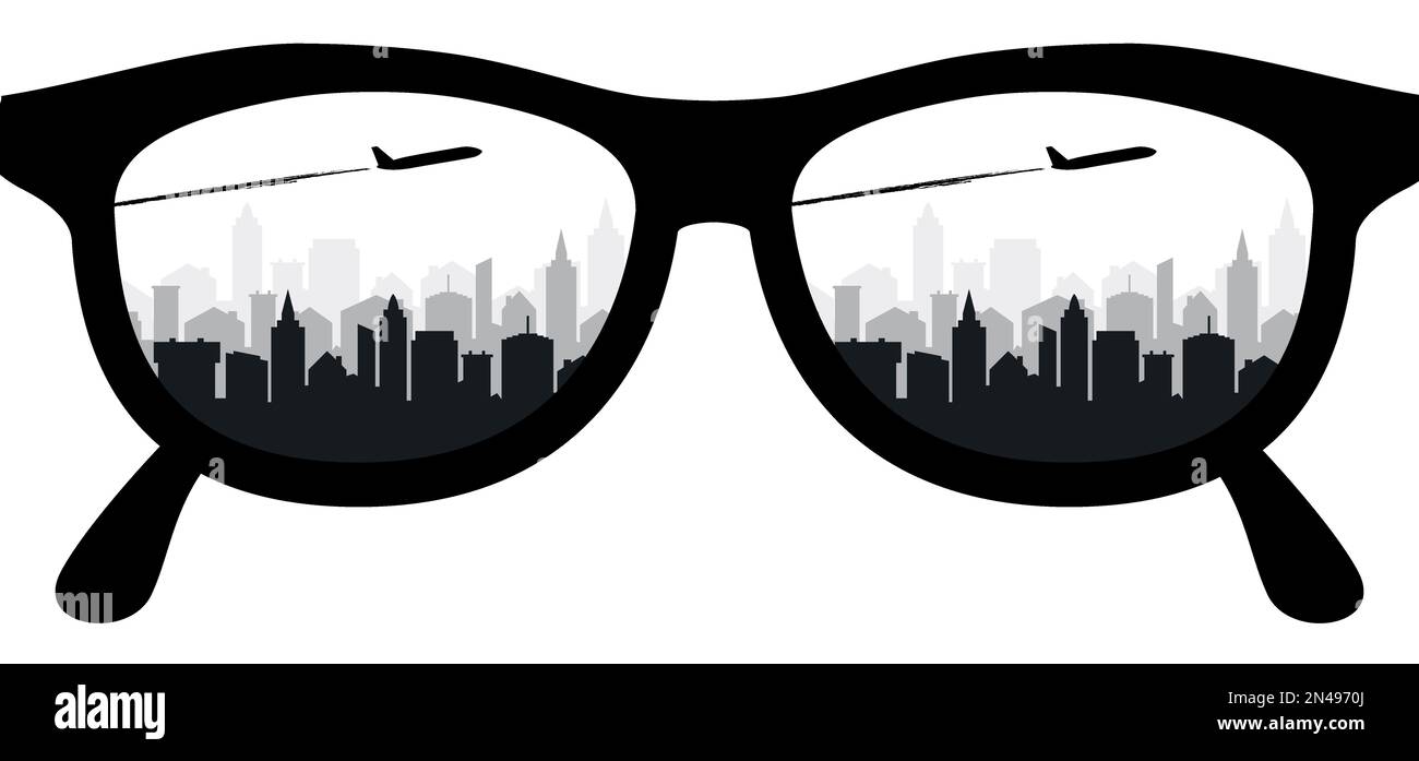 Lunettes de vue ou lunettes de soleil avec avion ou avion dans la lentille. Icone ou symbole du modele de lunettes. Lunettes a monture ligne de lunettes silhouette lunettes optica Photo Stock