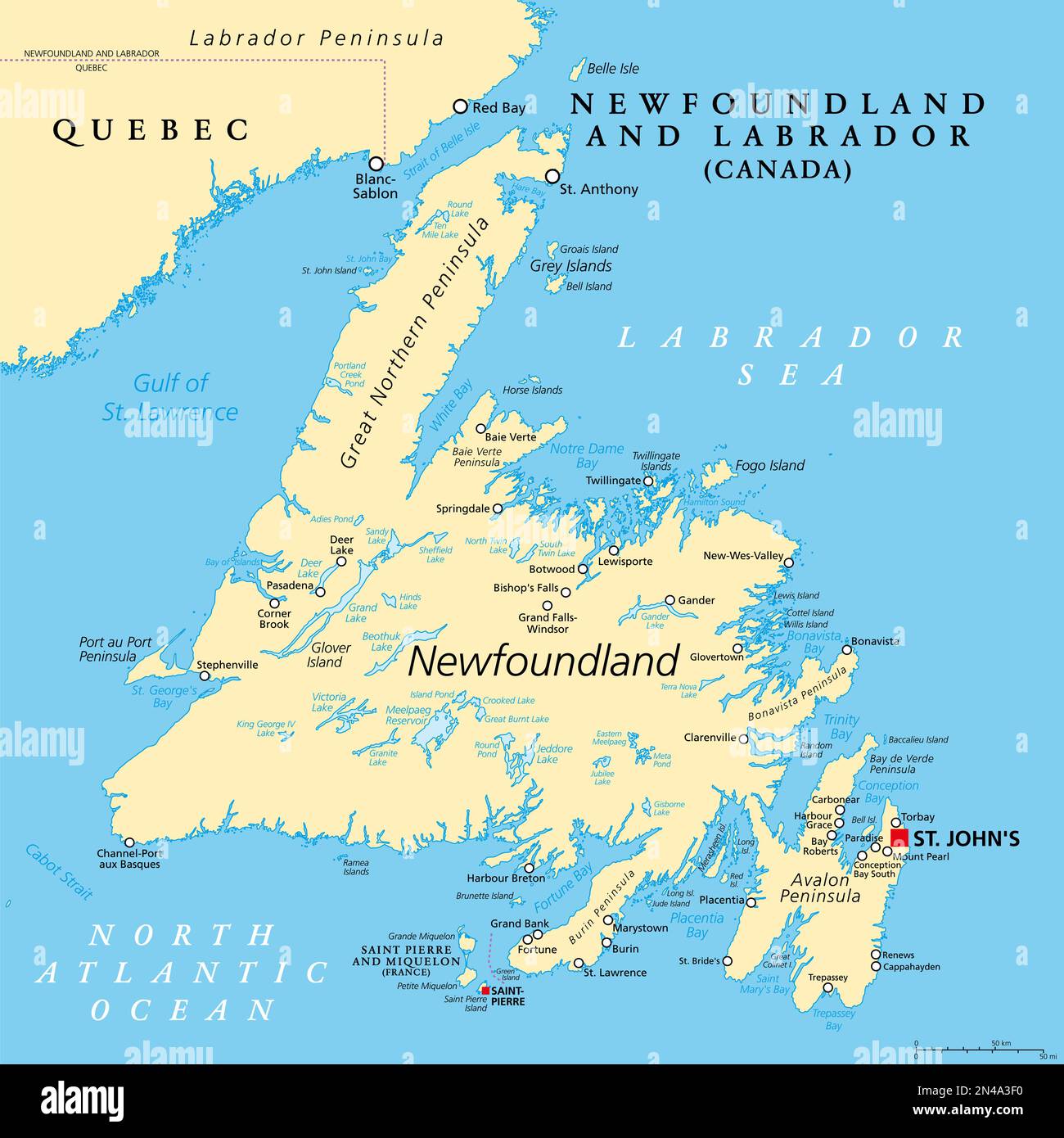 Île de TerreNeuve, carte politique. Partie de la province canadienne