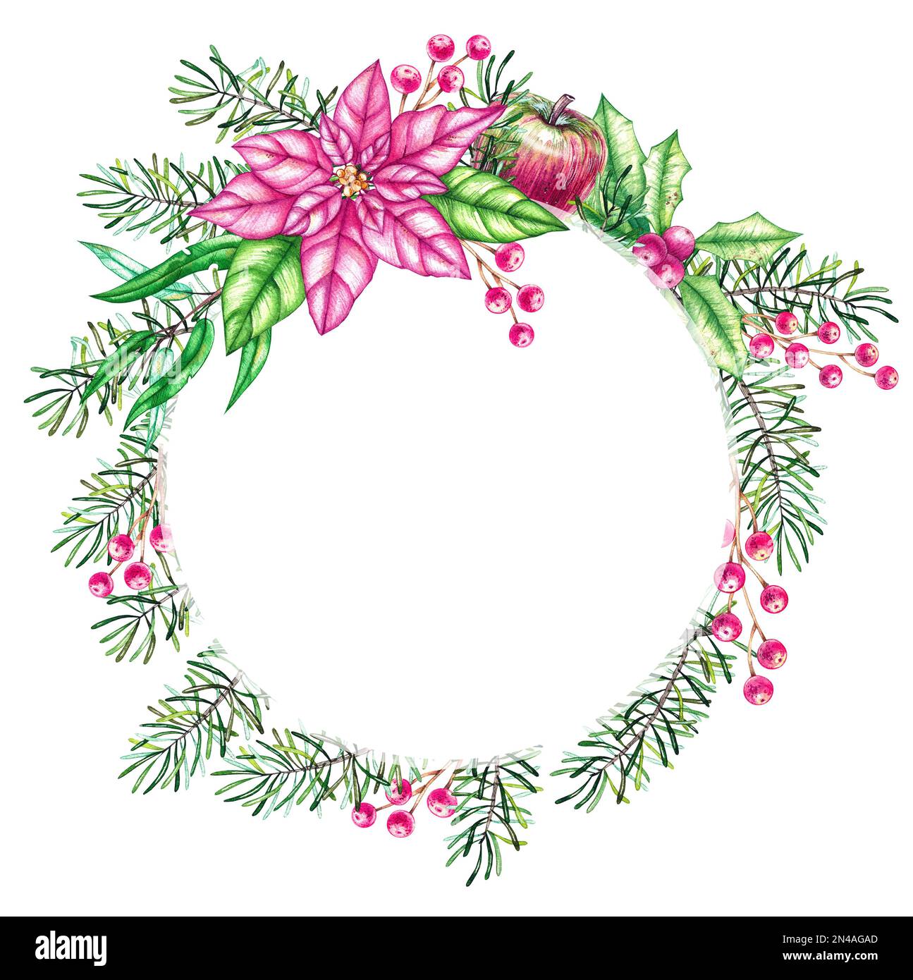 Cadre aquarelle de forme ronde avec plantes de Noël pour la conception des invitations de Noël, cartes postales, tissus, bannières Banque D'Images