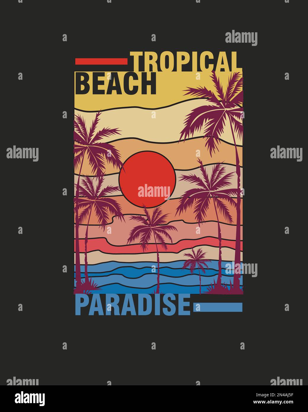 Tropical Beach Sunset palmiers arrière-plan rétro poster graphique design pour t shirt imprimé vecteur Illustration de Vecteur