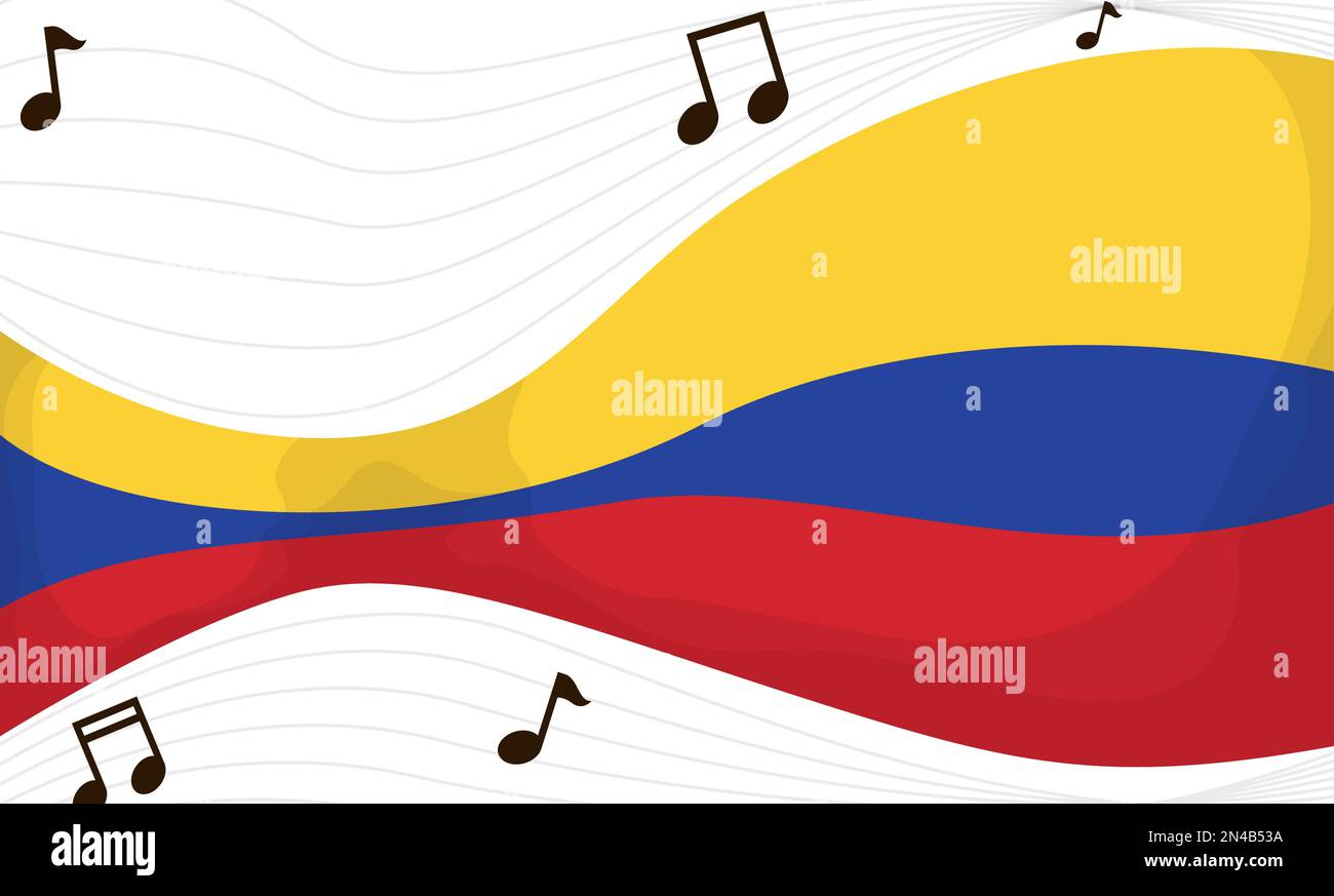 Bannière festive avec drapeau colombien, lignes de musique et notes faisant la promotion de l'importance de la musique dans ce pays. Design de style dessin animé. Illustration de Vecteur