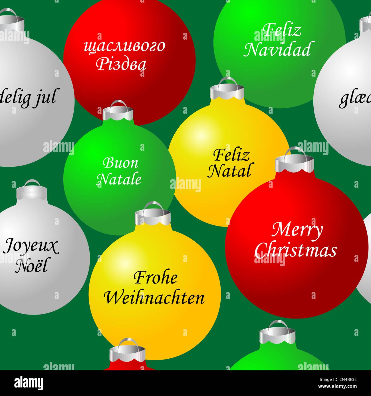 Boules de Noël colorées avec le message Joyeux Noël dans différentes langues Illustration de Vecteur
