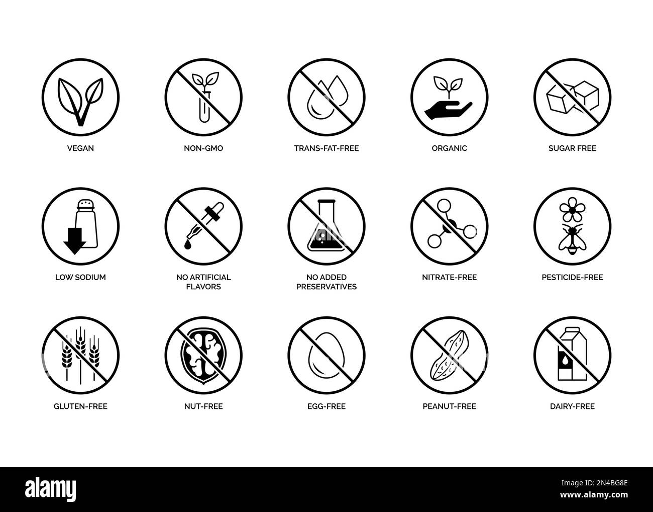 Ensemble d'icônes sur les aliments sains et la nutrition, étiquetage et information sur les aliments Illustration de Vecteur