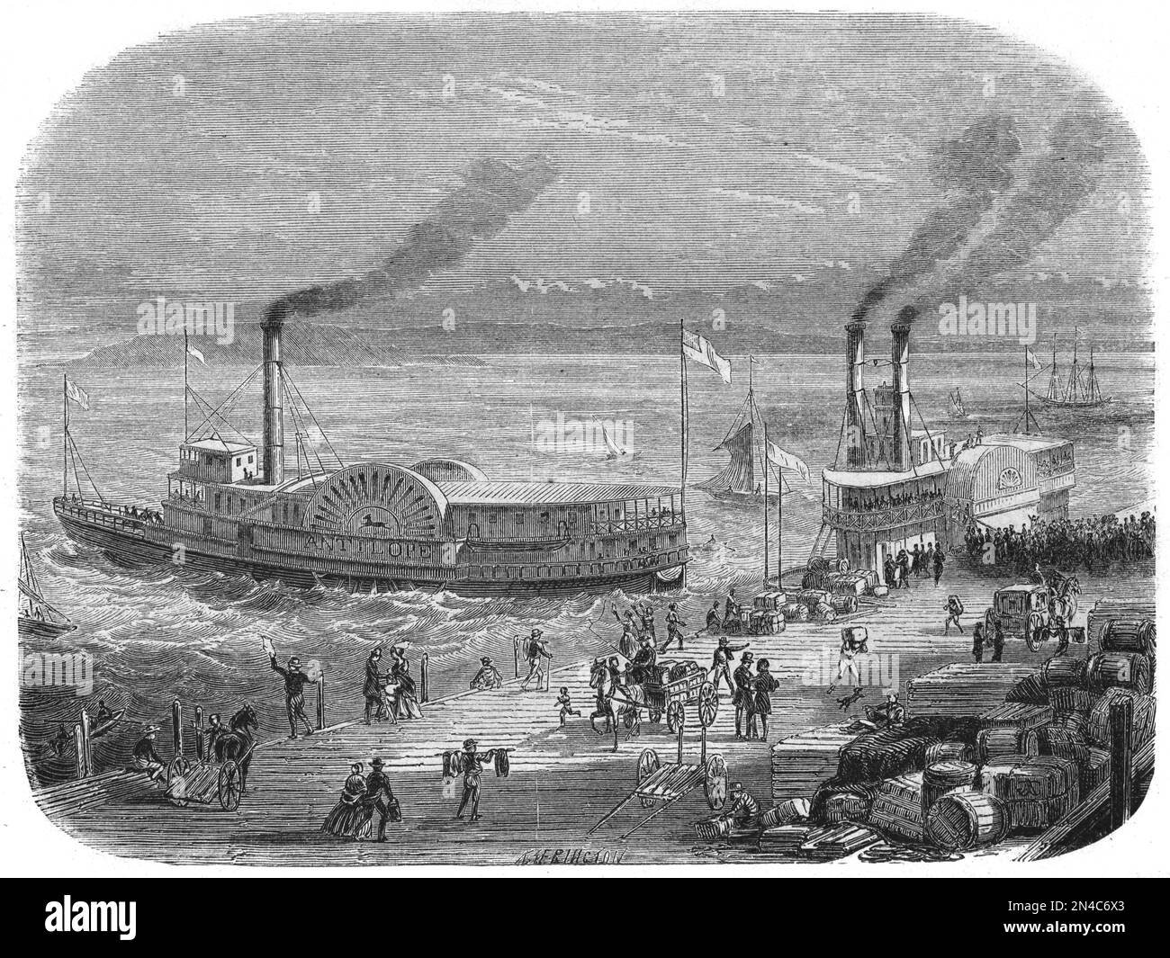 Paddle Steamers sur le quai ou le Quayside de San Francisco California US ou USA. Gravure ancienne de l'illustration 1862 Banque D'Images