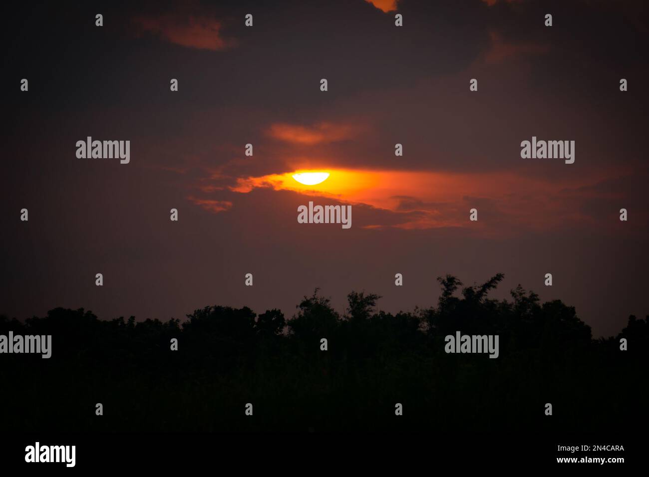 Le soleil d'or s'enfonce dans le ciel du village du Bangladesh. C'est la scène en été. Banque D'Images